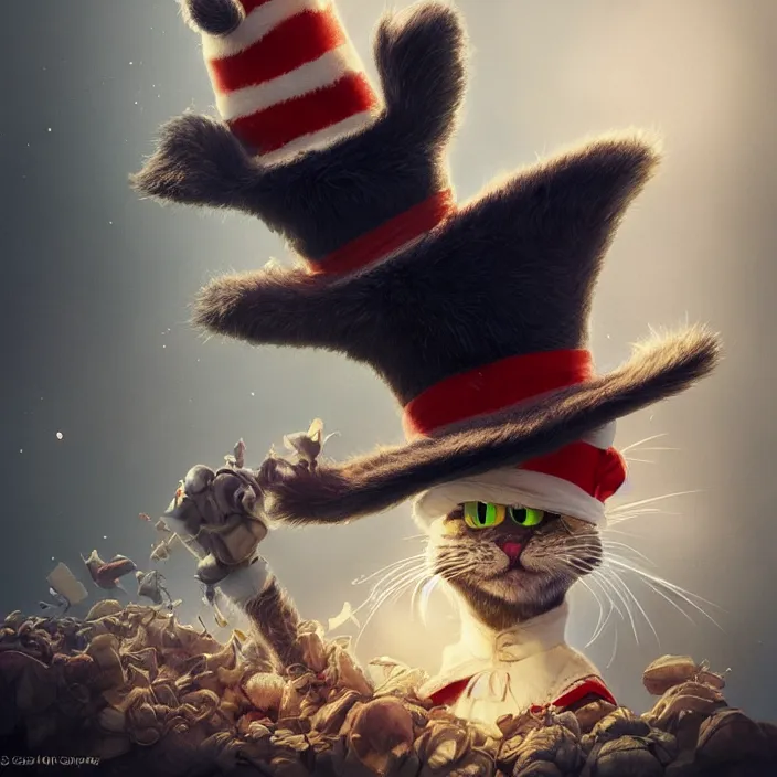 Prompt: complex 3 d render, hyper detailed, ultra sharp, cat in the hat, scary, cute, cinematic, steampunk, natural soft light, rim light, octane render, artstation, art by artgerm and greg rutkowski and alberto seveso, dr seuss