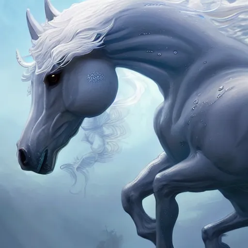 Image similar to a fantastical translucent creature made of water and foam with the shape of a horse, ethereal, hyperalism, scottish folklore, digital painting, artstation, concept art, smooth, 8 k frostbite 3 engine, ultra detailed, art by artgerm and greg rutkowski and magali villeneuve