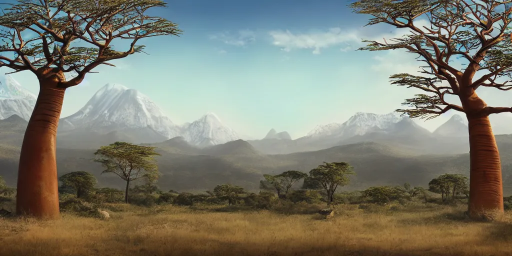 Image similar to a Malagasy dream landscape with baobab trees and snowy mountains in the background in the evening, film still, concept art, digital drawing, highly detailed depth of field