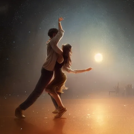 Prompt: two people dancing the night away, [ under the stars ]!!, while [ asteroids rain from the sky ]!!, trending on artstation, matte painting, illustrated by greg rutkowski, intricate, sharp, nighttime!!, 4 k photorealism!!, cgsociety contest winner, award winning