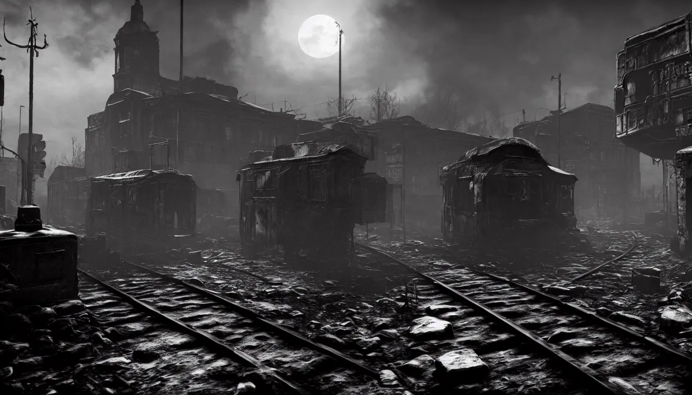 Prompt: metro exodus style, city in the horizon, dark, atmospheric, scary, claustrophobic, ambient vibe, very detailed, black and white, 4 k