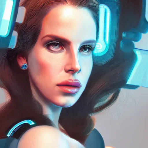 Image similar to portrait of lana del rey as a cyborg. intricate abstract. intricate artwork cyberpunk by tooth wu, wlop, beeple, dan mumford. octane render, trending on artstation, greg rutkowski ruan jia, cinematic, hyper realism, unreal 4, high detail, octane render, 8 k, key art, iridescent accents