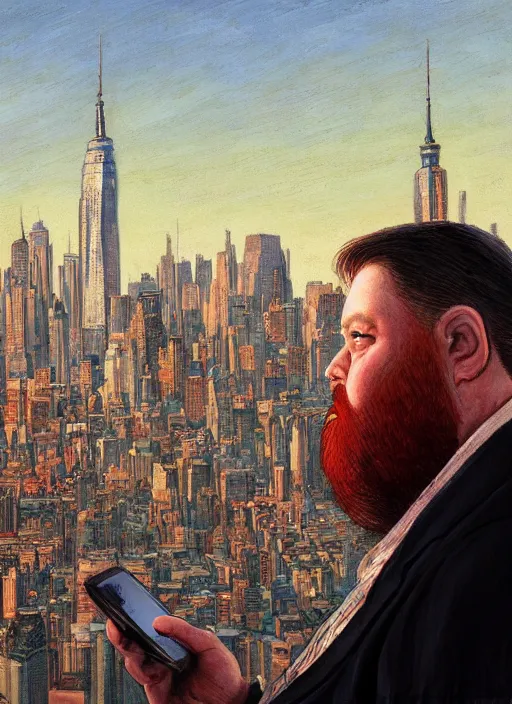 Image similar to a fat redheaded man with beard talking on a cell phone manhattan skyline in the background, intricate, elegant, highly detailed, centered, digital painting, artstation, concept art, smooth, sharp focus, illustration, art by james gurney and donato giancola and Joseph Christian Leyendecker