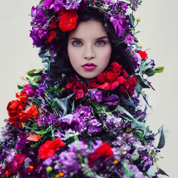 Prompt: a beauty alien wearing a cloak made of flowers, by Omar Z. Robles, CANON Eos C300, ƒ1.8, 35mm, 8K, medium-format print