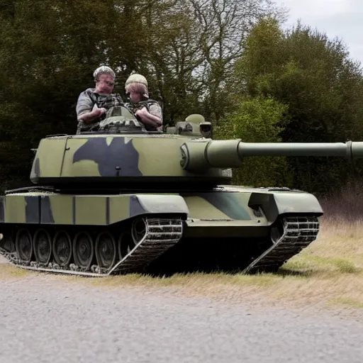 Image similar to A long shot of Boris Johnson in a tank, 4k, ultra HD