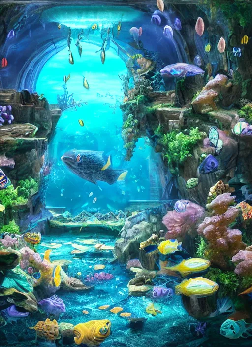 Prompt: people observing lots of beautiful fish in an underground aquarium corridor, in the style of turine tran, fantasy art, ray tracing, water droplets, highly detailed, artstation trend, highly detailed and intricate, sharp focus, photography, unreal engine 5