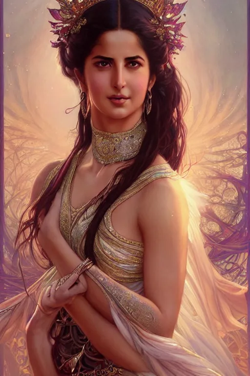 Image similar to katrina kaif as a princess, fantasy, intricate, elegant, highly detailed, digital painting, artstation, concept art, matte, sharp focus, illustration, art by artgerm and greg rutkowski and alphonse mucha