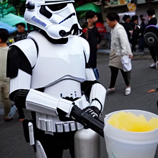 Image similar to storm trooper drinking soju at a street vendor in seoul