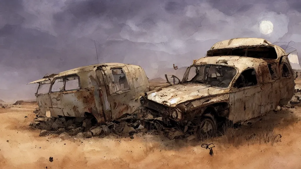 Prompt: abandoned caravan wreck in the middle of a desert, papyrus, watercolored, jakub rozalski, dark colours, dieselpunk, artstation