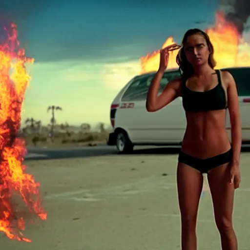 Image similar to movie still from the movie spring breakers (2012), rendering of a woman standing on top of a car holding a fire extinguisher, uhd, 8k, cinematic,
