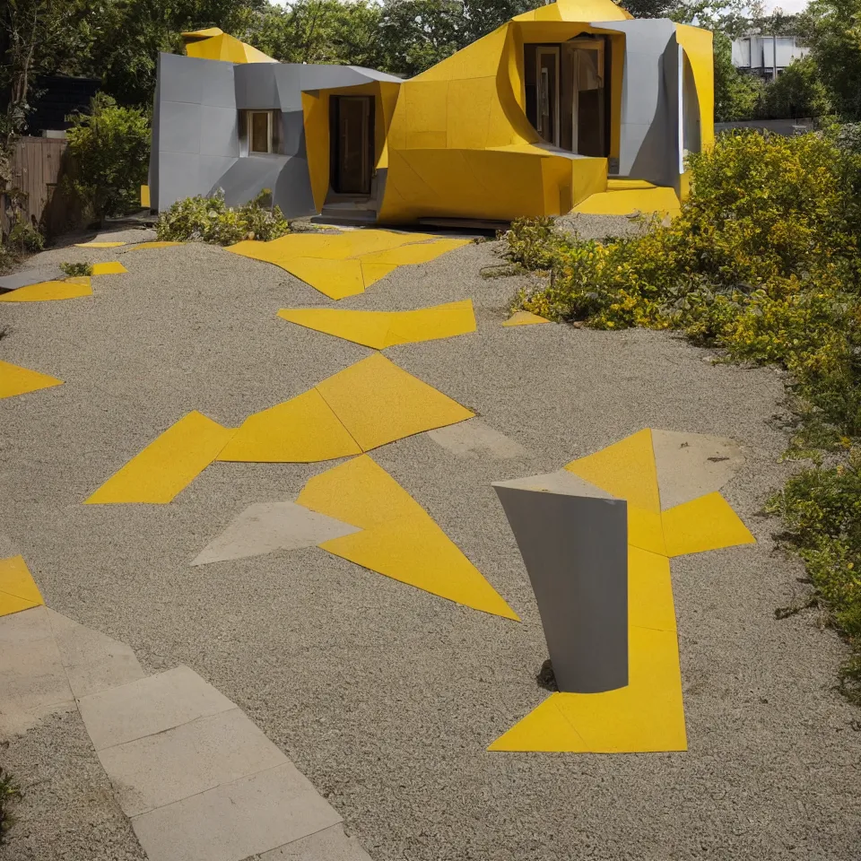 Prompt: a tiny flat house, designed by Frank Gehry. Tiles. Gravel pathway with parking. Film grain, cinematic, yellow hue