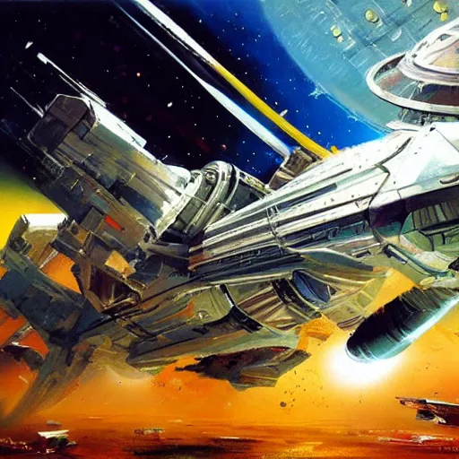 Prompt: futuristic spaceship jumping to warp lightspeed concept art oil painting by john berkey , minimal detailed, brush hard