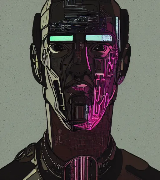 Prompt: a cyberpunk man with a glitching face, techwear, Industrial Scifi, detailed illustration, character portrait, by Martin Grip and Moebius