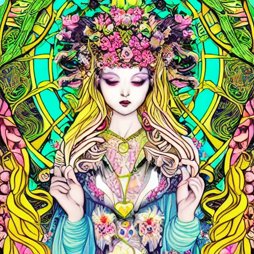 Image similar to NeoPagan Goddess of Spring, inside her temple, in a style blend of Peter Chung, Junko Mizuno, and Botticelli, hyper detailed, photorealistic digital art, flat colors, dramatic composition, extremely fine inking lines