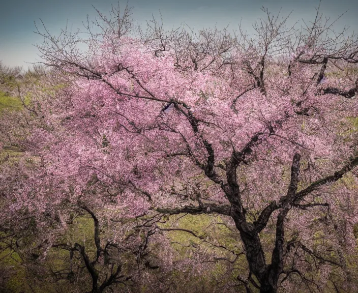 Prompt: 4 k hd, high detail photograph of blossoming tree in mordor landscape, apocalyptic scenery, shot with sigma f / 4. 2, 2 5 0 mm sharp lens, wide shot, consistent, volumetric lighting, high level texture render