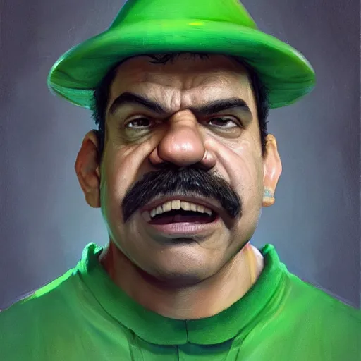 Image similar to hyper realistic portrait, beautifully rendered, luis guzman as luigi wearing green, smirking deviously, luigi, painted by greg rutkowski, wlop, artgerm, dishonored 2