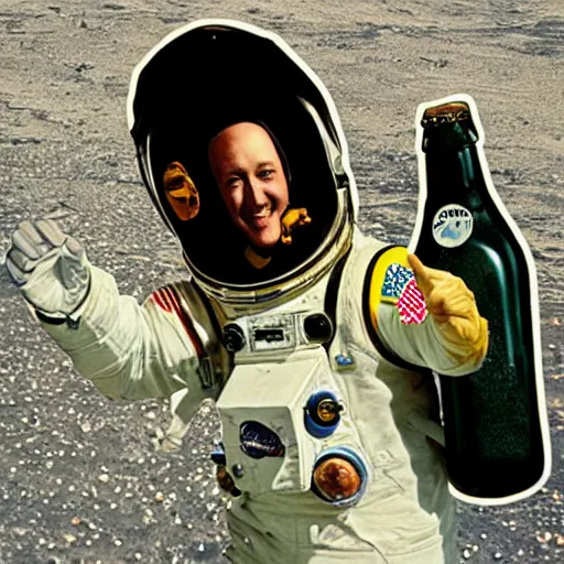 Prompt: an astronaut with a beer bottle and a vintage camera