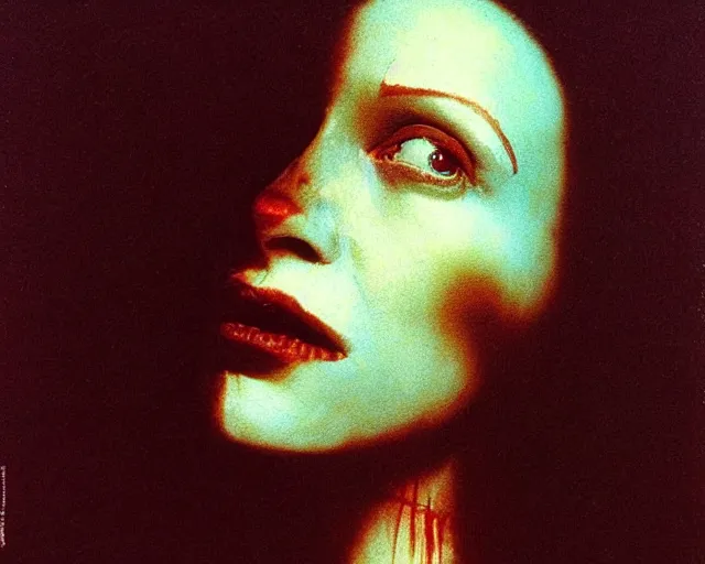 Image similar to by francis bacon, beksinski, mystical redscale photography evocative, full eyebrows lips. kat dennings uma thurman christina hendricks tilda swinton