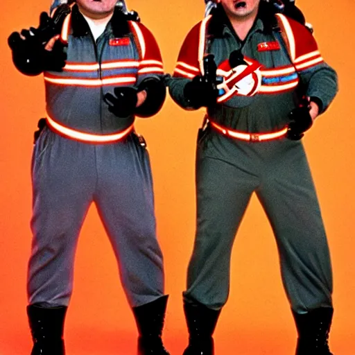 Prompt: photoshoot of john belushi and eddie murphy as ghostbusters, in the style of annie leibovitz - h 6 4 0