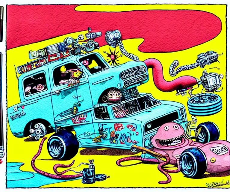 Prompt: cute and funny, widespread panic, wearing a helmet, driving a hotrod, oversized enginee, ratfink style by ed roth, roth's drag nut fuel, centered award winning watercolor pen illustration, isometric illustration by chihiro iwasaki, the artwork of r. crumb and his cheap suit, cult - classic - comic,