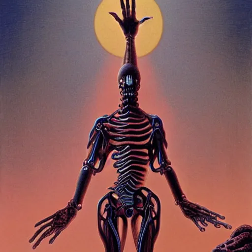 Prompt: biomechanical human raising his hands into the sky of the machine by wayne barlowe