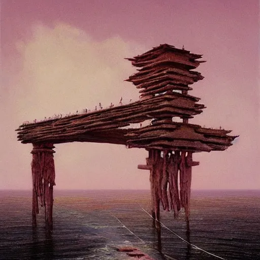 Prompt: A beautiful painting of A Torii over the sea by Zdzisław Beksiński and Ilya Repin,In style of Post-Apocalyptic.digital art, illustration,hyper detailed,smooth, sharp focus,trending on artstation,oil on the canvas,4k ~W 1440