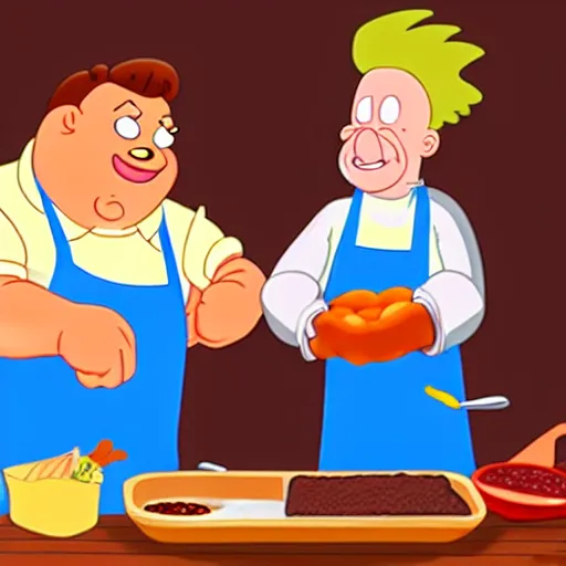 Image similar to cartoon characters, rick and porky cooking a brisket, cell animation