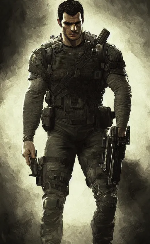 Image similar to portrait of henry cavill as chris redfield, resident evil, pistol, upper body, henry cavill!!!, fantasy, intricate, elegant, highly detailed, digital painting, artstation, concept art, smooth, sharp focus, illustration, art by artgerm and greg rutkowski and alphonse mucha