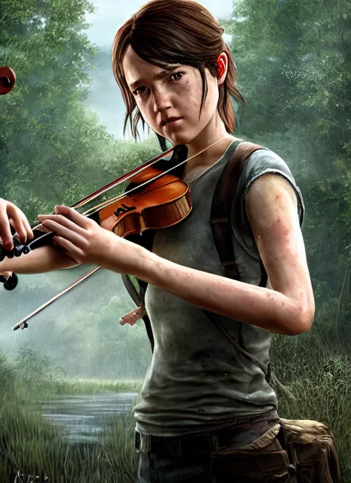 Image similar to ellie from the last of us in a white dress playing the violin on stage. hyperrealistic oil painting, 4k, very detailed faces, art station