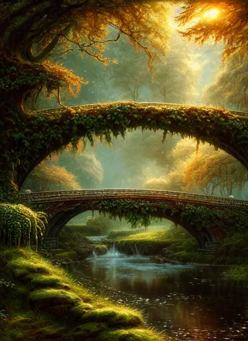 Image similar to old bridge with ivy, fantasy forest landscape, fantasy magic, light night, intricate, elegant, sharp focus, illustration, highly detailed, digital painting, concept art, matte, art by wlop and artgerm and ivan shishkin and andrey shishkin, masterpiece