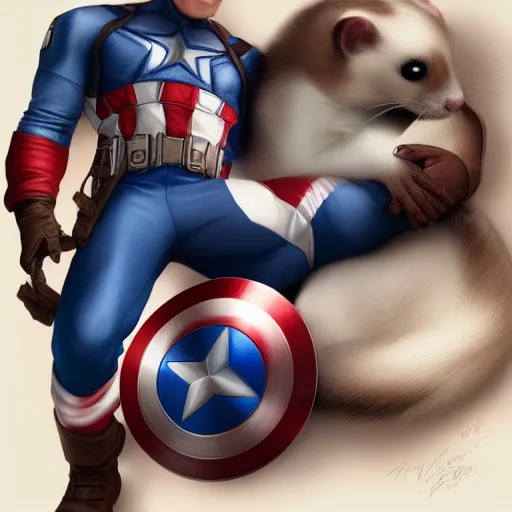 Image similar to A ferret is cuddling Captain America, hyperdetailed, artstation, cgsociety, 8k