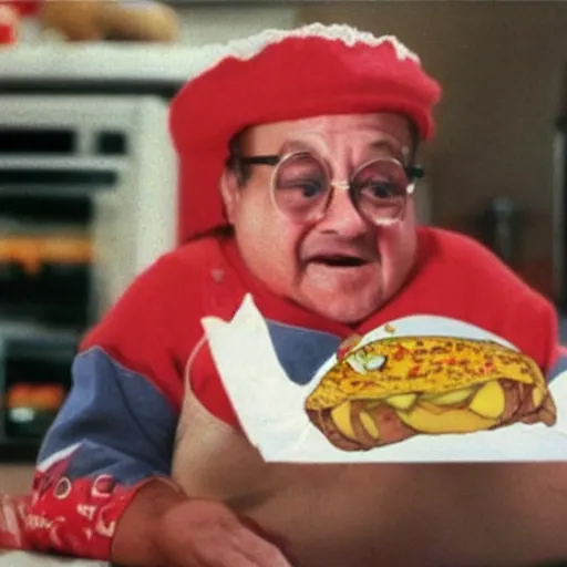 Prompt: 1990s McDonald's advertisement for a baby seal disguised as a loaded baked potato with Danny DeVito