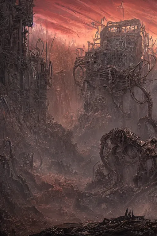 Prompt: post-apocalyptic hellscape torment, in style of Midjourney, stylized, detailed and intricate, elegant, ornate, horror, elite, ominous, haunting, beautiful digital painting, cinematic, cgsociety, Jama Jurabaev, H.R. Giger, James jean, Noah Bradley, Darius Zawadzki, vivid colors and vibrant outlines