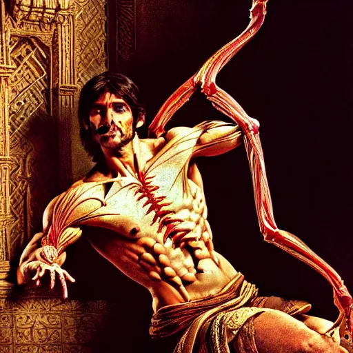 Image similar to The prince of Persia with translucent skin, visible muscles and veins and arteries and bones and spine and nerves, beautiful detailed intricate insanely detailed octane render, 8K artistic photography, photorealistic, chiaroscuro, by David Cronenberg, Raphael, Caravaggio