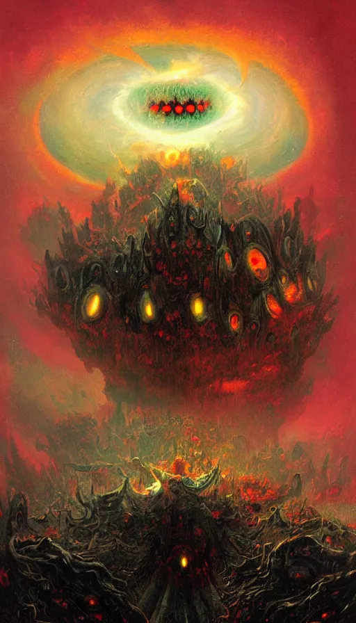 Image similar to a storm vortex made of many demonic eyes and teeth, by paul lehr,