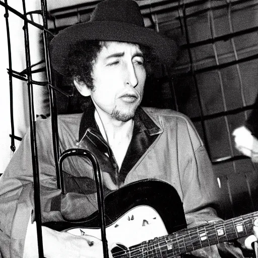 Image similar to bob dylan in a small cage at a pet store, his cage has a price tag