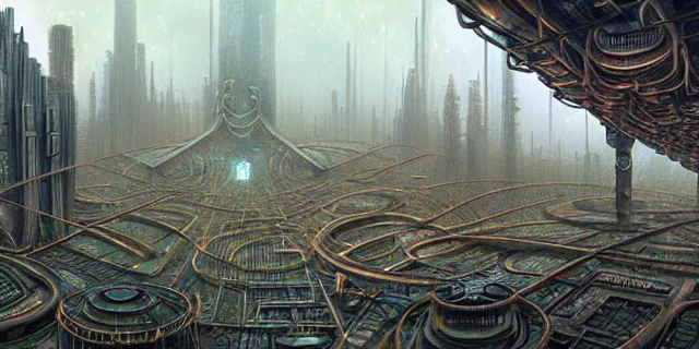 Prompt: painting of redwood forest labyrinth consuming cyberpunk metropolis in the style of steampunk by dan seagrave and tomasz alen kopera