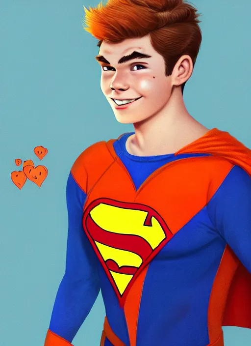 Image similar to friendly teenage archie andrews wearing an orange superhero costume with heart logo, heart, freckles, blue cape, heart emblem on chest, blue cape, intricate, elegant, glowing lights, highly detailed, digital painting, artstation, sharp focus, illustration, art by wlop, mars ravelo and greg rutkowski