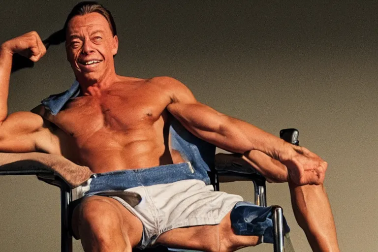 Prompt: hyperrealistic Jean Claude Vandamme legs spread apart balancing on two chairs, golden hour, smiling, award winning