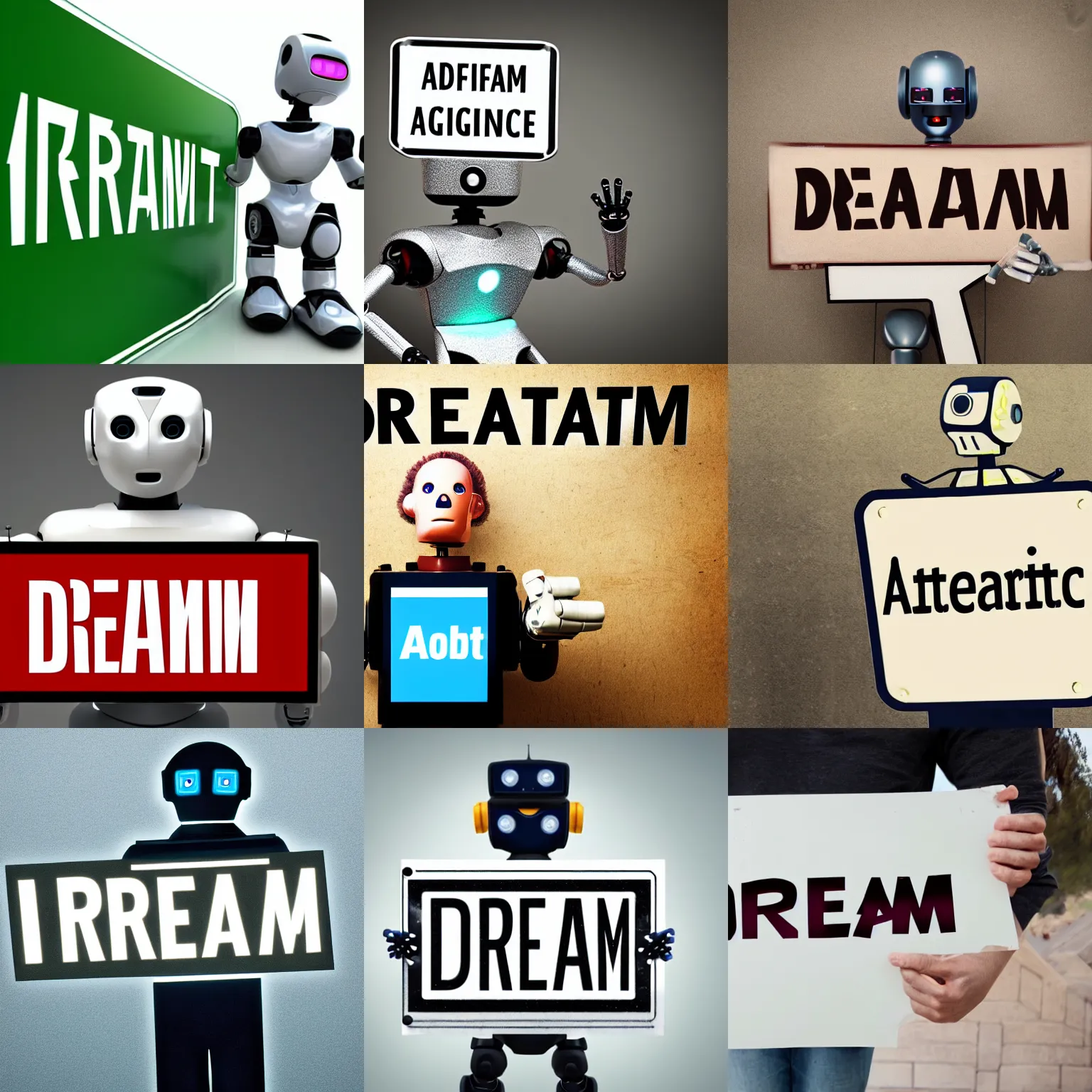 Image similar to artificial intelligence robot holding a sign with text that reads : dream