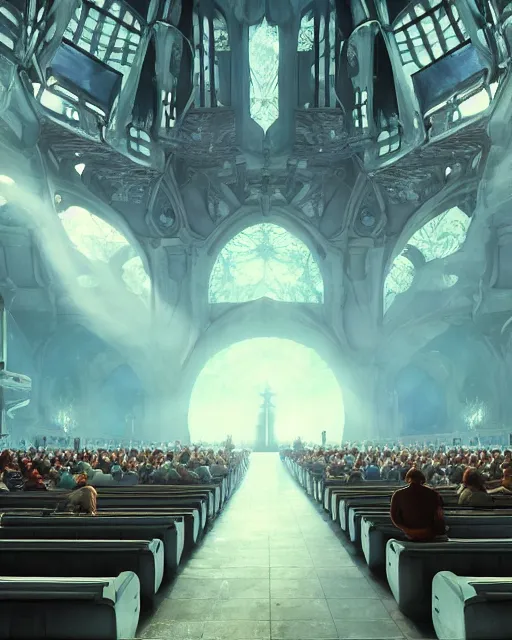 Image similar to fantasy movie scene digital matte painting of a crowd in a futuristic church by craig mullins and ghibli, strong contrast, priest, pews, ethereal, inviting, bright, raking light, unreal engine 5, hyper realism, realistic shading, cinematic composition, blender render, octane render, hdr, detailed textures, photorealistic, wide shot