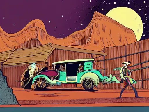 Image similar to a detailed illustration photorealistic of the Lone Ranger in the wild west town. flat colors, limited palette in FANTASTIC PLANET La planète sauvage animation by René Laloux