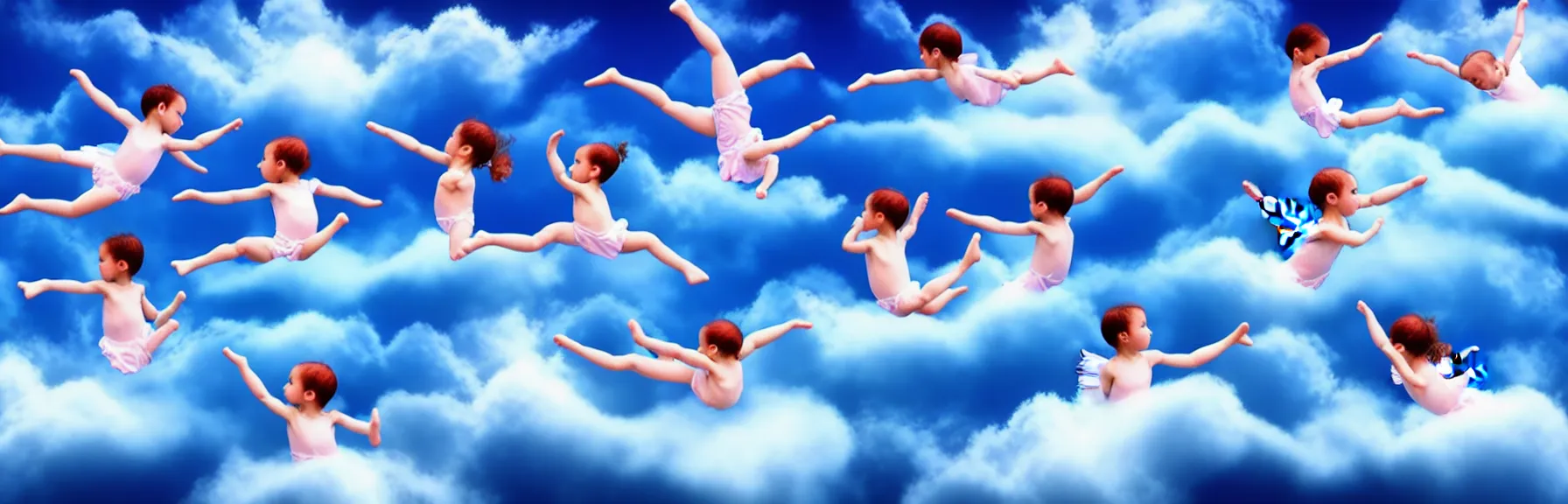 Prompt: multiple beautiful angels swimming in the cloud in acrobatic poses; dreamy sky, ultrarealistic, photorealistic, 8K