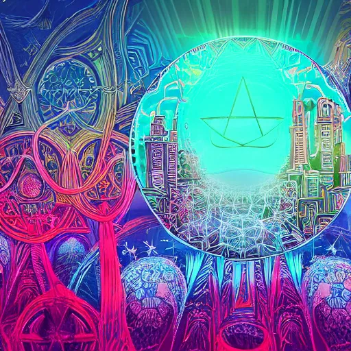 Image similar to mystical psychedelic poster with shaded lighting in the style of andriod jones, radiant light, detailed and complex environment, beautiful, utopic astral city in the sky with many buildings and temples reflecting a modern city on the ground with old growth pine trees, overlaid sacred geometry, flower of life, with implied lines, gradient of hot pink and neon baby blue