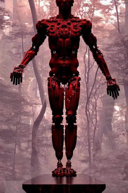 Prompt: high detailed forest a statue jesus on cross made of red marble, perfect symmetrical body, full body shot, inflateble shapes, white biomechanical details, wearing epic bionic cyborg implants, masterpiece, intricate, biopunk, vogue, highly detailed, artstation, concept art, cyberpunk, octane render