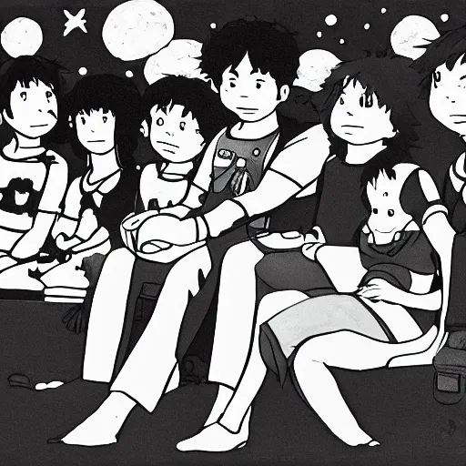 Prompt: five friends sitting and staring up at the alien craftship, mange, studio ghibli style, black and white, detailed