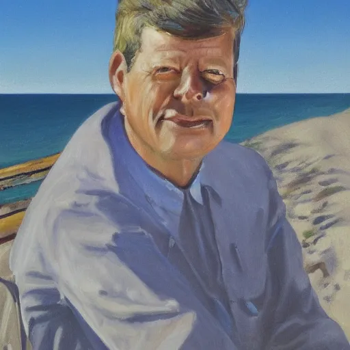 Image similar to portrait of john f kennedy, wrinkled, grey hair, handsome, hawaiian shirt, sitting in chair, landscape of nantucket beach, dunes, ocean, bluff, oil on canvas by william sidney mount - 1 9 8 2, trending on artstation