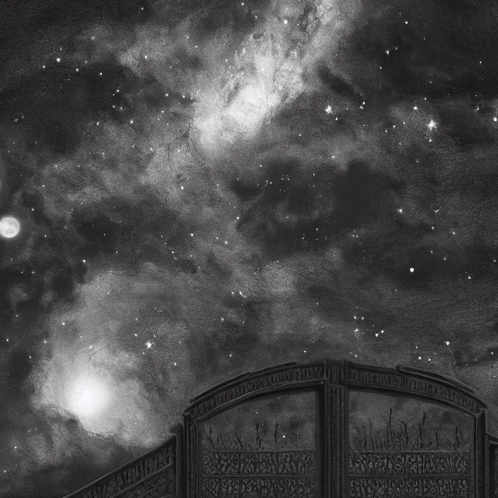 Prompt: gazing through a black gate to the void, clear night sky, intricate high detail masterpiece, hd