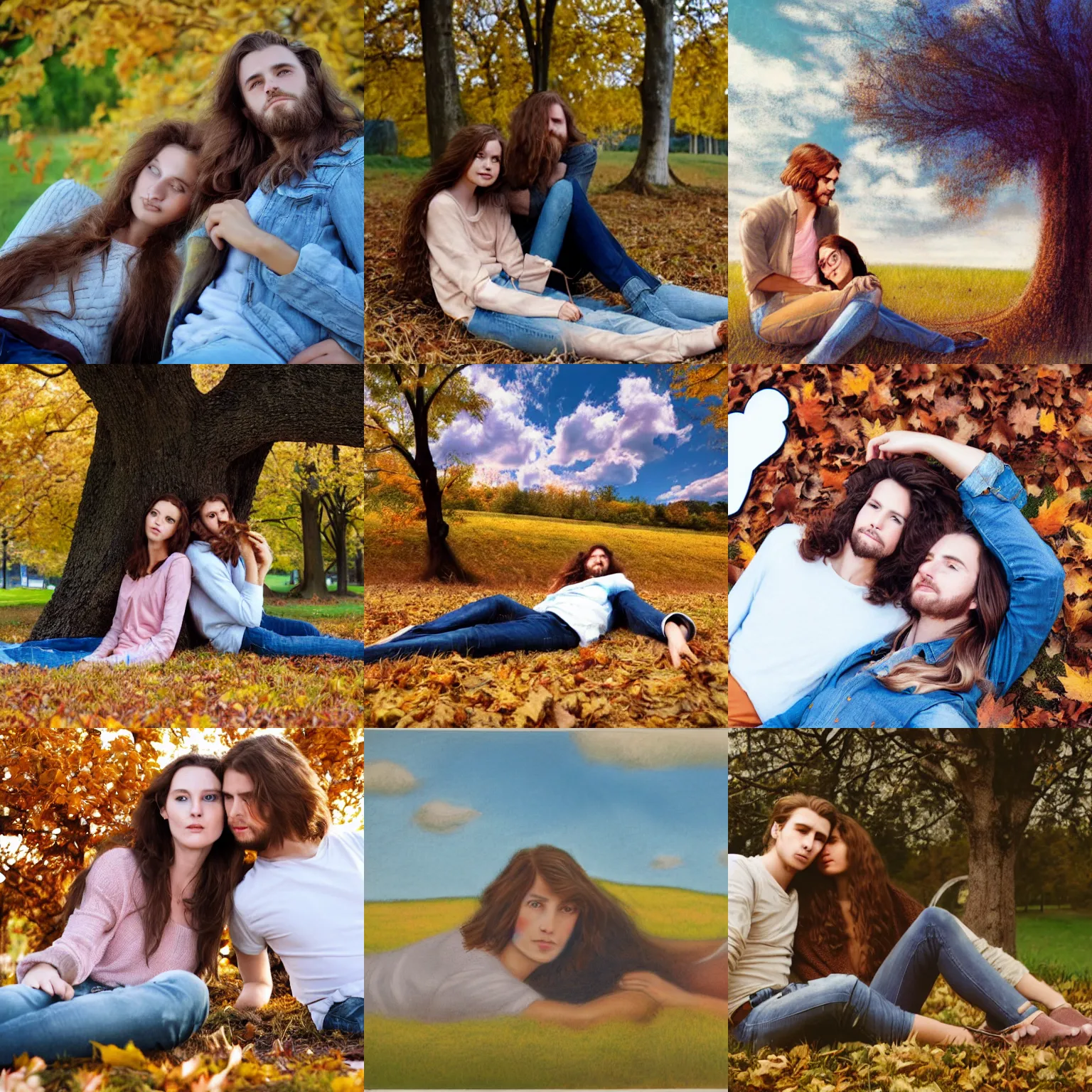 Prompt: long shot pastel of young man with long brown hair and woman with long light brown hair, laying under a tree looking at clouds autumn, ( ( ( wearing jeans ) ) )