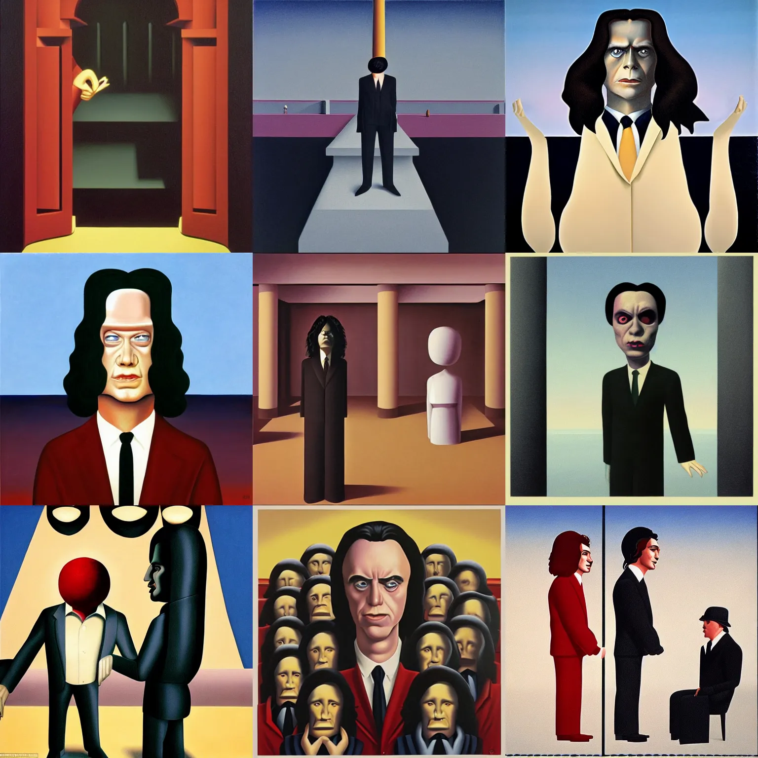 Prompt: nightmare tommy wiseau, surreal, ominous, phantasmagoric, in the style of george tooker, in the style of rene magritte